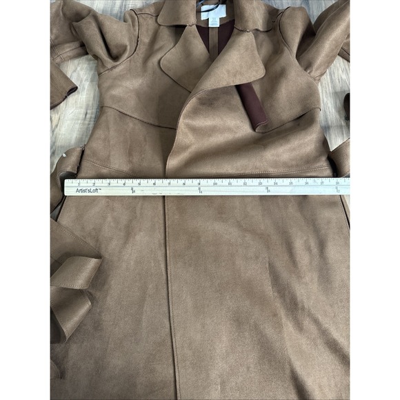 H&M Faux Suede‎ Oversized Jacket Womens XS Tan Longline Coat Belted Pockets - Picture 8 of 14